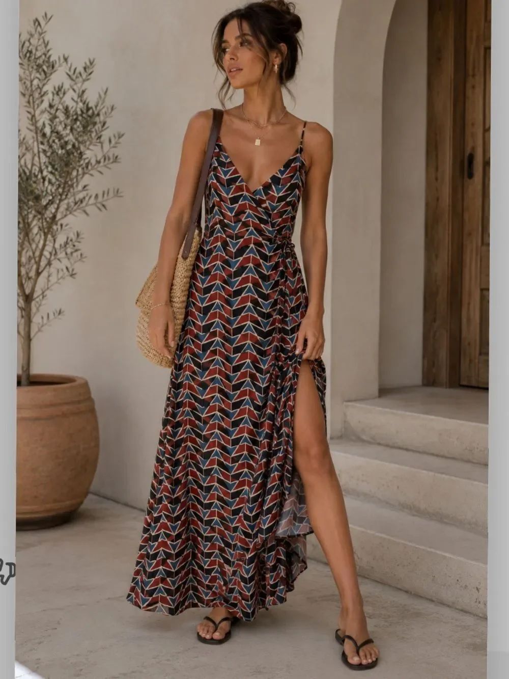 Free People Siren Ring Wrap Dress Maxi Side Tie Geo Printed